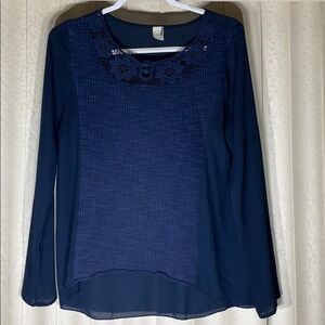 Paper Crane Knit panel sheer pullover sweater navy blue large preppy chic women